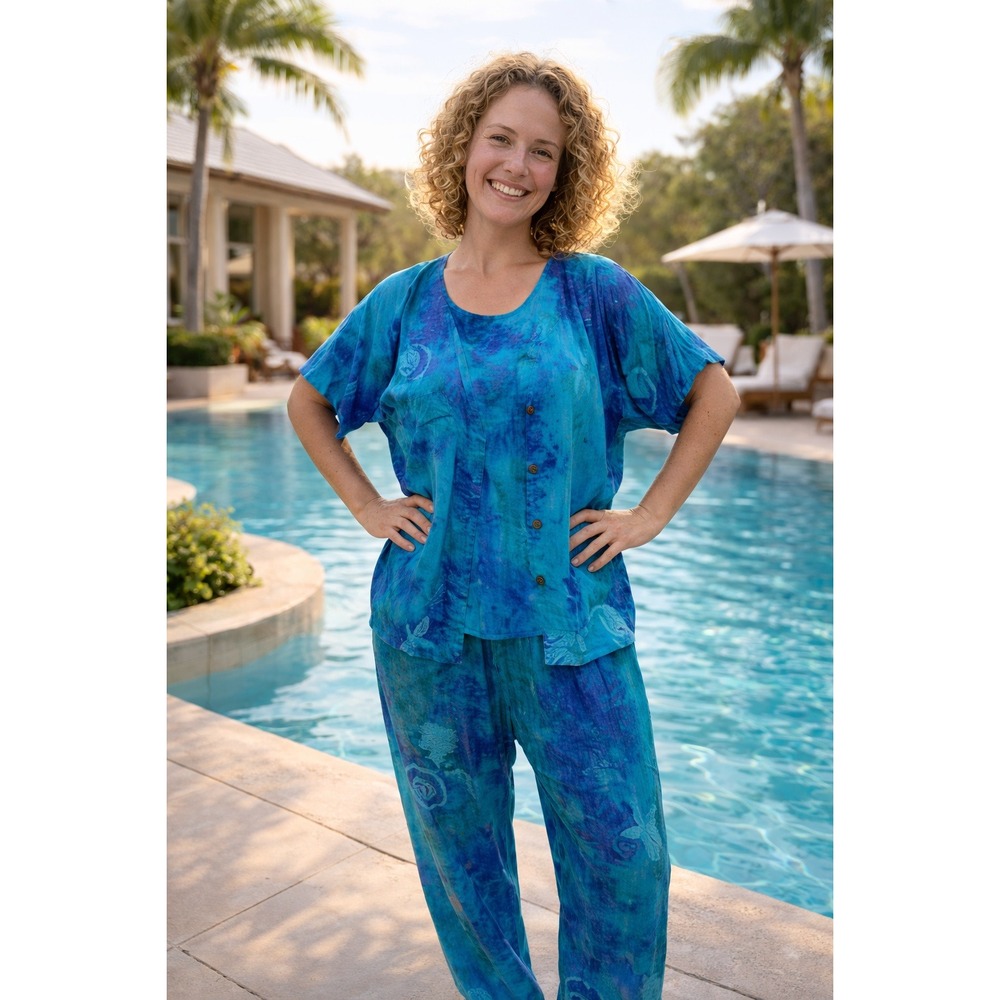 Resort wear Blue Tie Dye Seashell Starfish Pants Tank Set